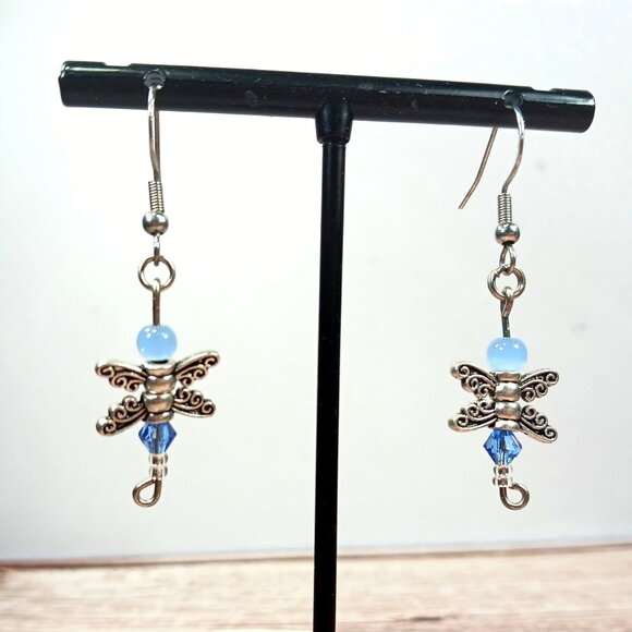 Blue Crystal Dragonfly Dangle Earrings - Picture 9 of 9